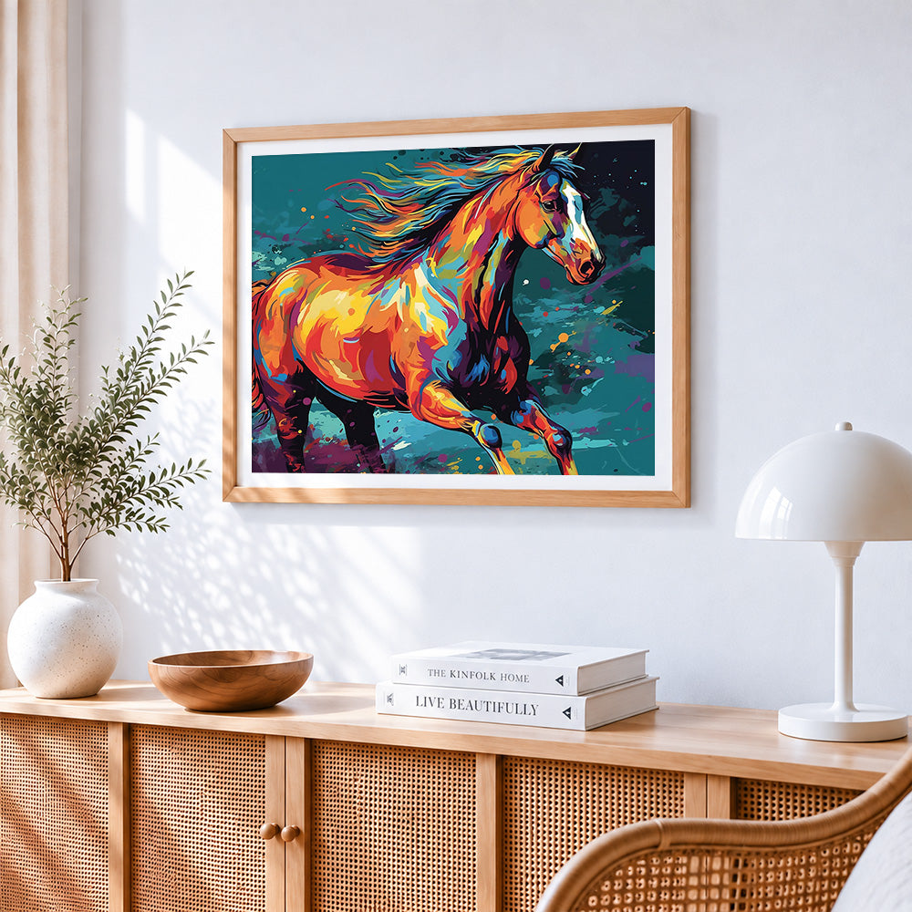 Colourful horse running paint by numbers artwork displayed on wall as home decor