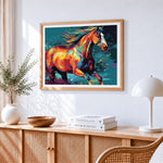 Colourful horse running paint by numbers artwork displayed on wall as home decor