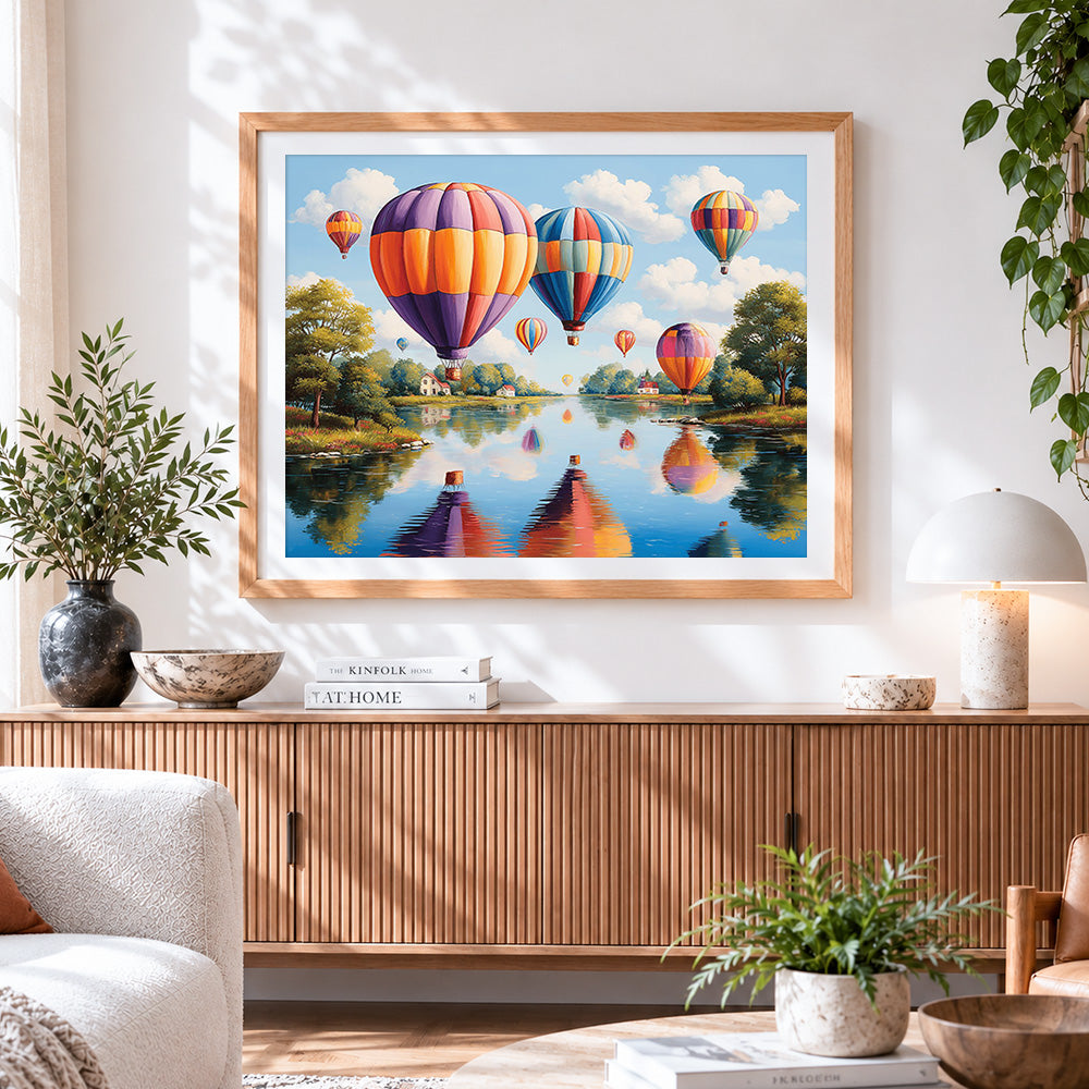 Finished colourful hot air balloons cross stitch artwork displayed