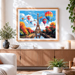 Finished colourful hot air balloons over eiffel tower cross stitch artwork displayed
