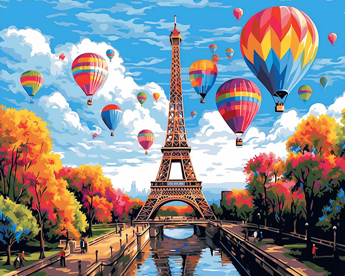Colourful hot air balloons over eiffel tower cross stitch kit for beginners