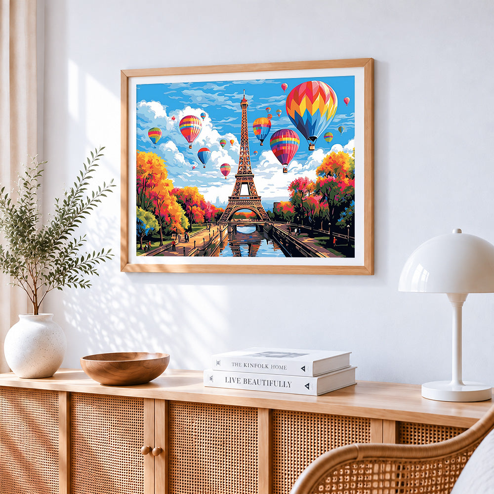 Colourful hot air balloons over eiffel tower paint by numbers artwork displayed on wall as home decor