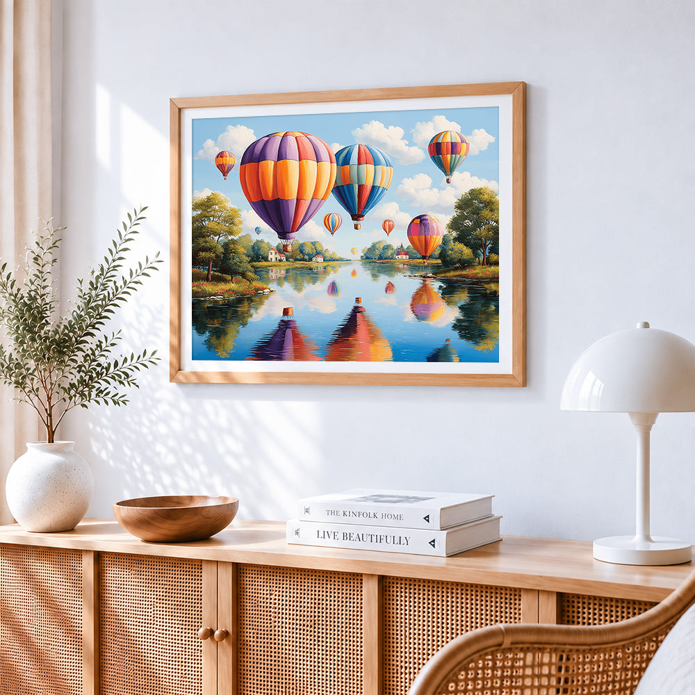 Colourful hot air balloons paint by numbers artwork displayed on wall as home decor