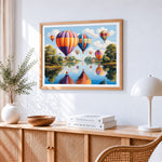 Colourful hot air balloons paint by numbers artwork displayed on wall as home decor
