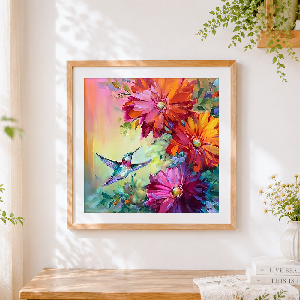 Finished colourful hummingbird and flowers cross stitch artwork displayed