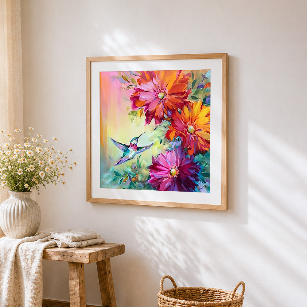 Colourful hummingbird and flowers cross stitch artwork displayed on wall as home decor