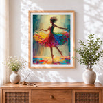 Finished colourful impasto ballerina cross stitch artwork displayed