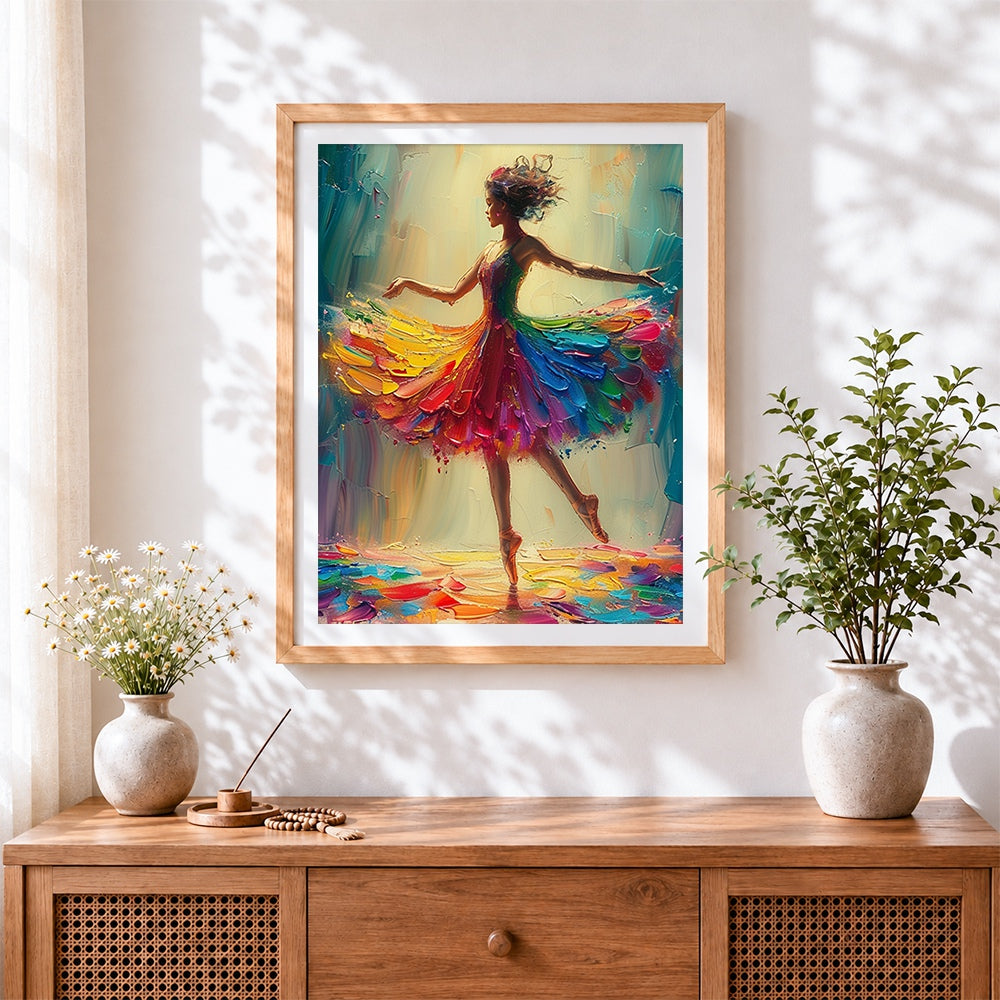 Finished colourful impasto ballerina cross stitch artwork displayed
