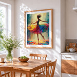 Colourful impasto ballerina cross stitch artwork displayed on wall as home decor