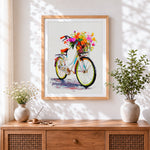 Finished colourful impasto bicycle art cross stitch artwork displayed