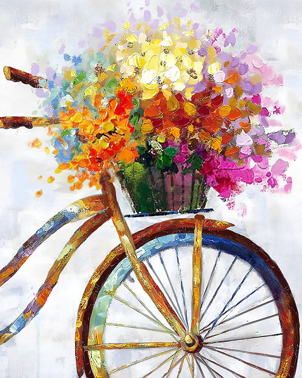 Colourful impasto bicycle with flower basket cross stitch kit for beginners