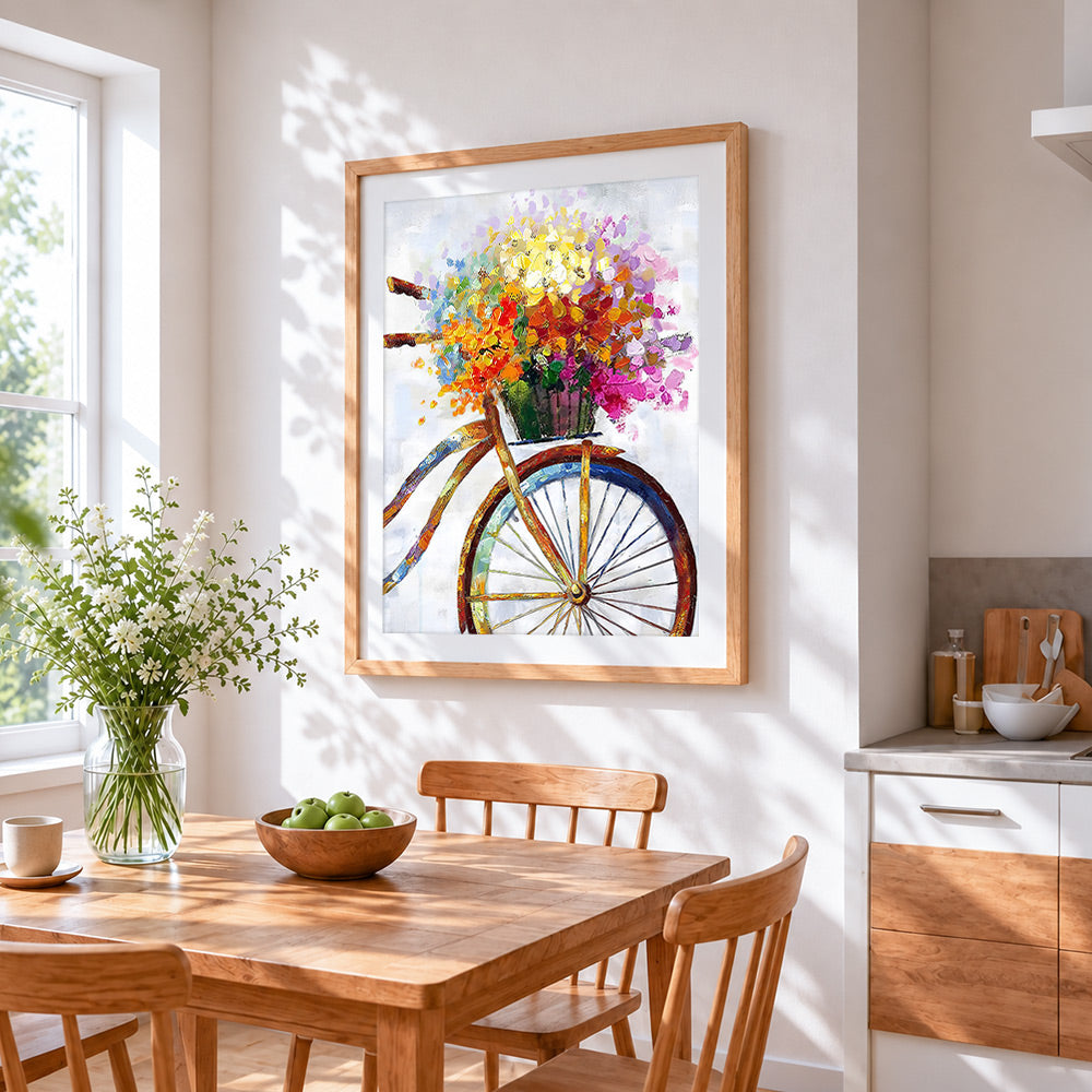 Colourful impasto bicycle with flower basket cross stitch artwork displayed on wall as home decor