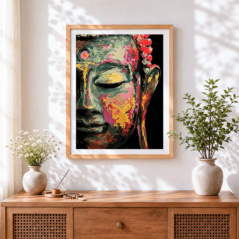 Finished colourful impasto buddha face cross stitch artwork displayed