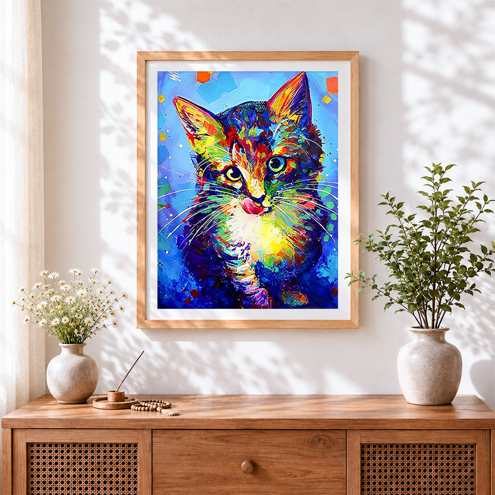 Finished colourful impasto cat cross stitch artwork displayed