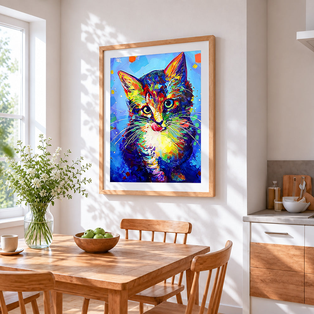 Colourful impasto cat cross stitch artwork displayed on wall as home decor