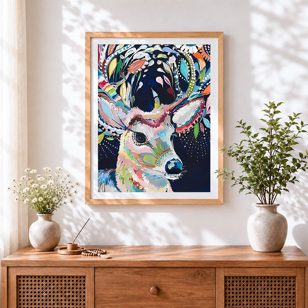 Finished colourful impasto deer cross stitch artwork displayed