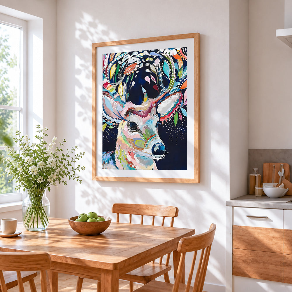 Colourful impasto deer cross stitch artwork displayed on wall as home decor