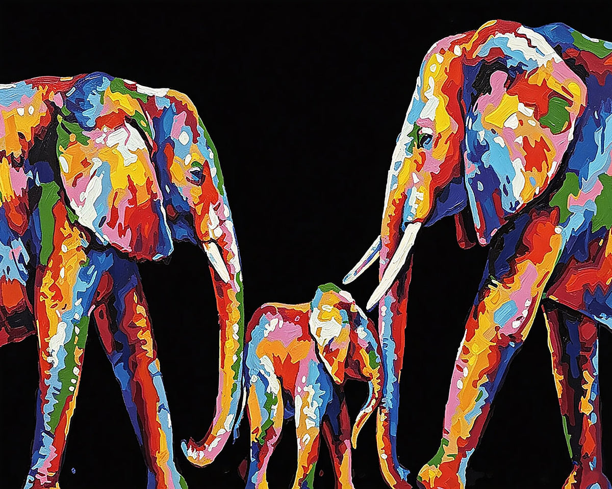 Colourful impasto elephant family cross stitch kit for beginners