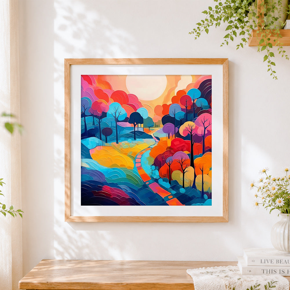 Finished colourful impasto forest and path cross stitch artwork displayed