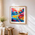 Colourful impasto forest and path cross stitch artwork displayed on wall as home decor