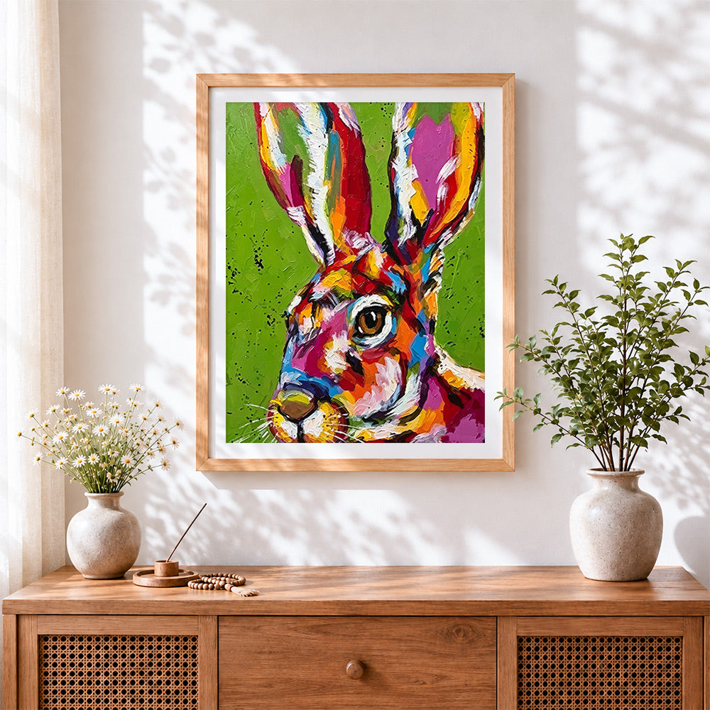 Finished colourful impasto hare cross stitch artwork displayed