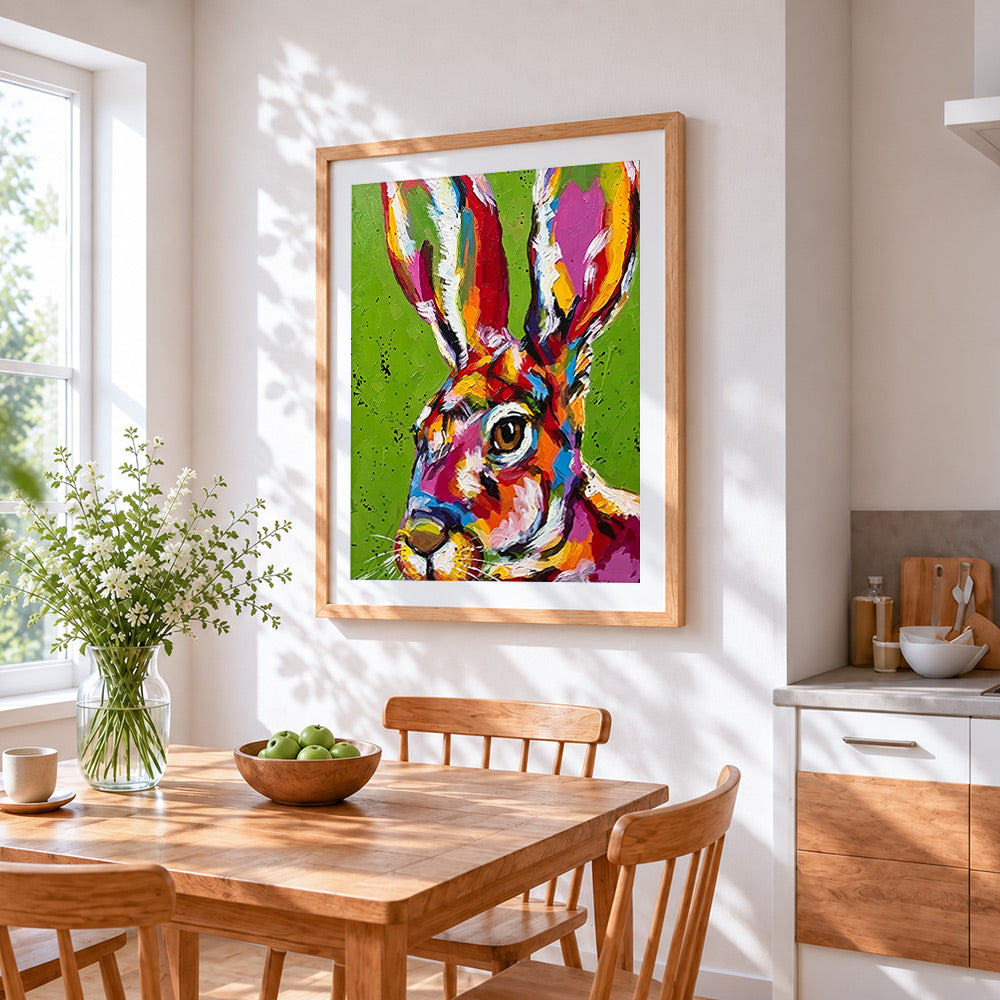 Colourful impasto hare cross stitch artwork displayed on wall as home decor