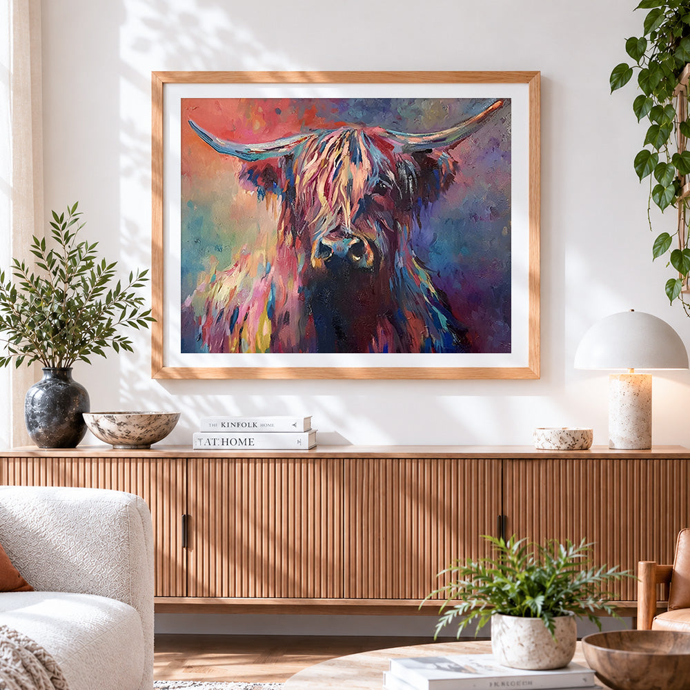 Finished colourful impasto highland cow cross stitch artwork displayed