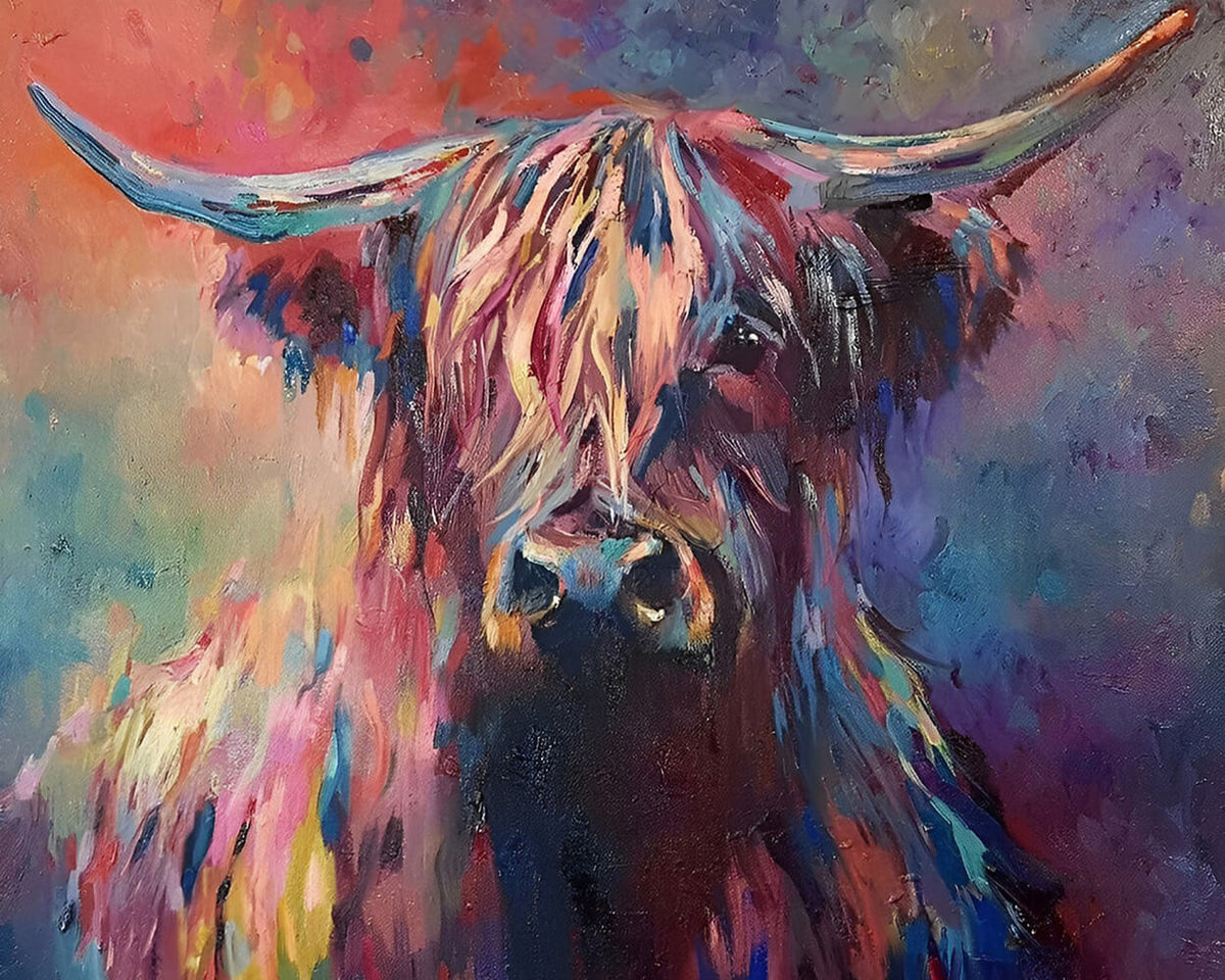 Colourful impasto highland cow cross stitch kit for beginners