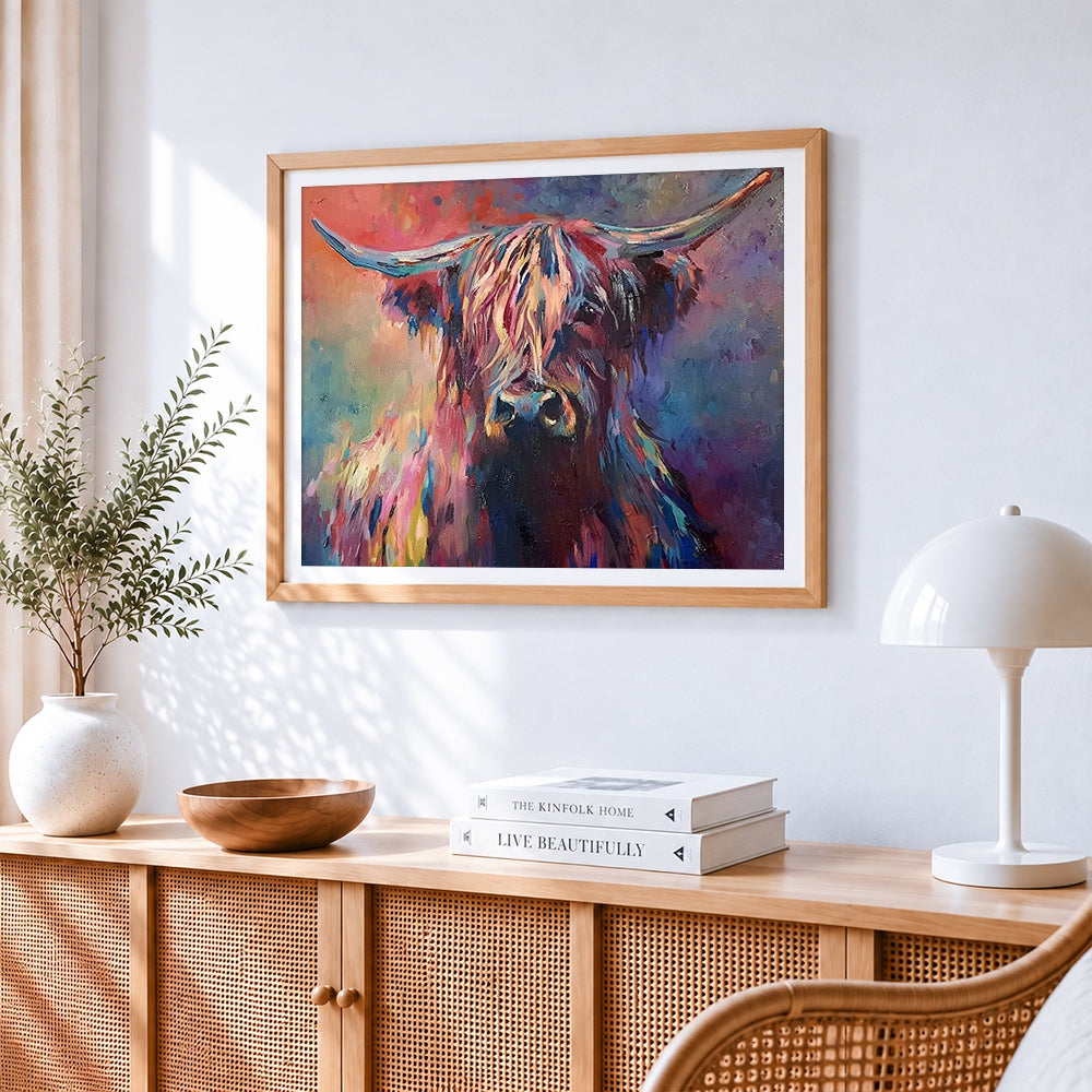 Colourful impasto highland cow cross stitch artwork displayed on wall as home decor