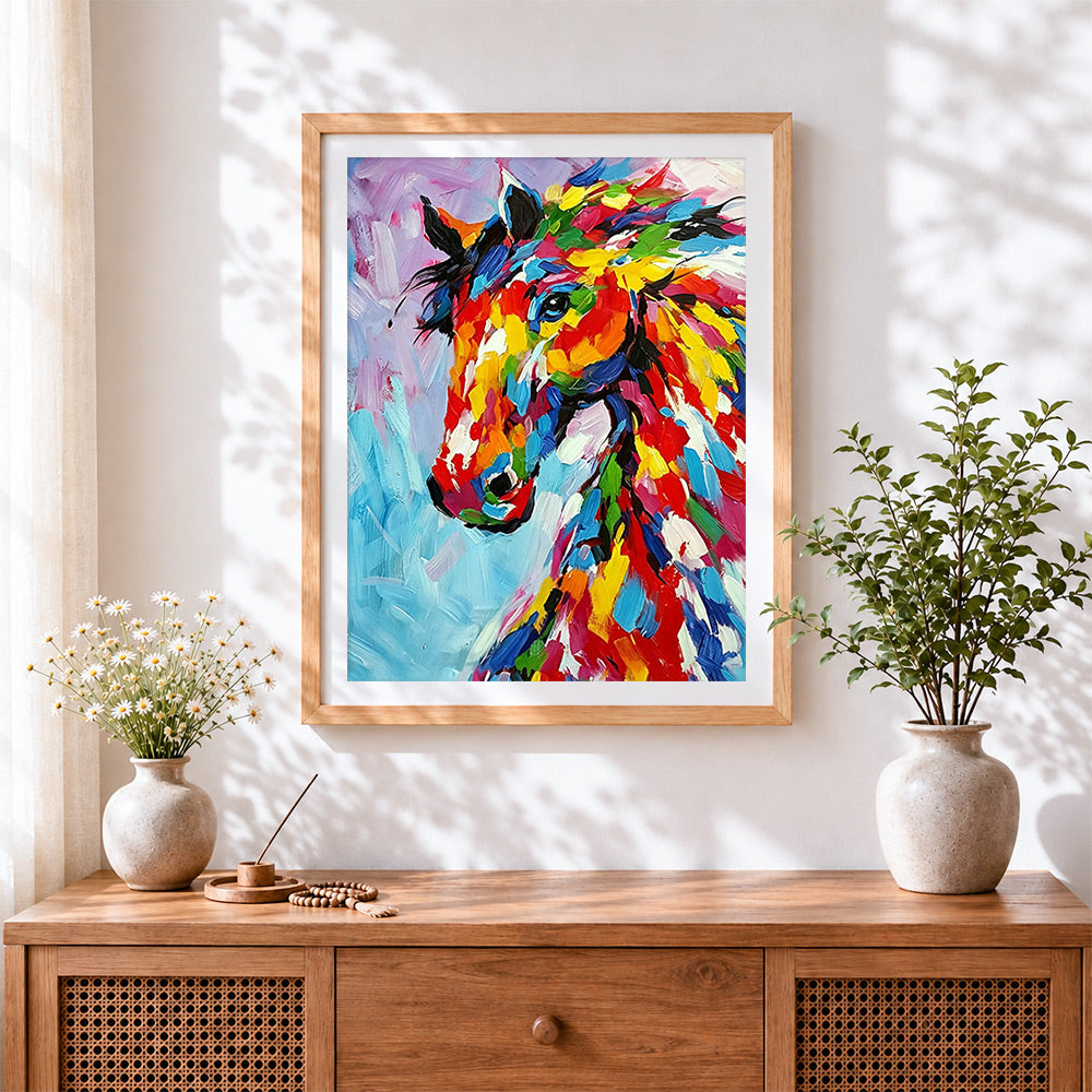 Finished colourful impasto horse cross stitch artwork displayed
