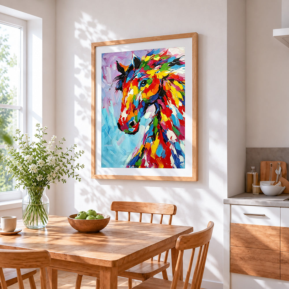 Colourful impasto horse cross stitch artwork displayed on wall as home decor