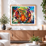 Finished colourful impasto tiger cross stitch artwork displayed