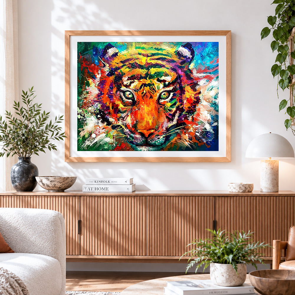 Finished colourful impasto tiger cross stitch artwork displayed