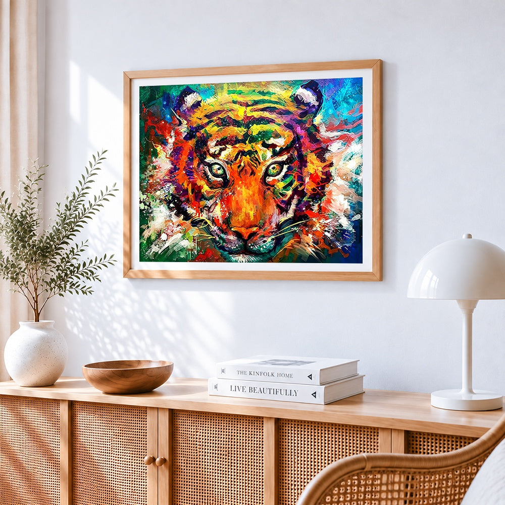 Colourful impasto tiger cross stitch artwork displayed on wall as home decor