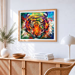 Colourful impasto tiger cross stitch artwork displayed on wall as home decor