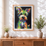 Finished colourful impasto yorkshire terrier cross stitch artwork displayed