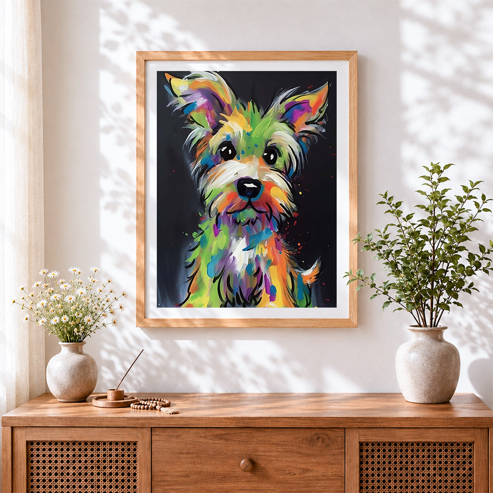 Finished colourful impasto yorkshire terrier cross stitch artwork displayed