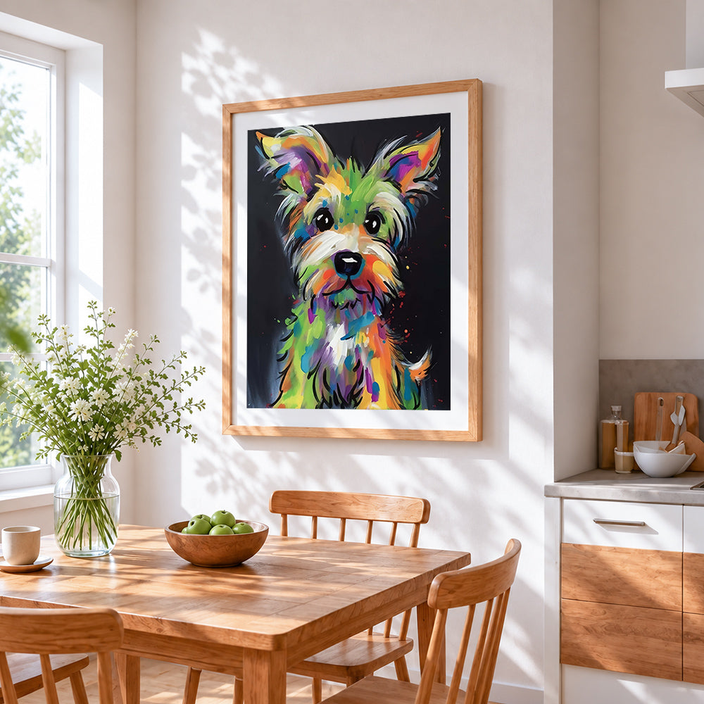 Colourful impasto yorkshire terrier cross stitch artwork displayed on wall as home decor