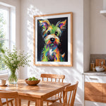 Colourful impasto yorkshire terrier cross stitch artwork displayed on wall as home decor