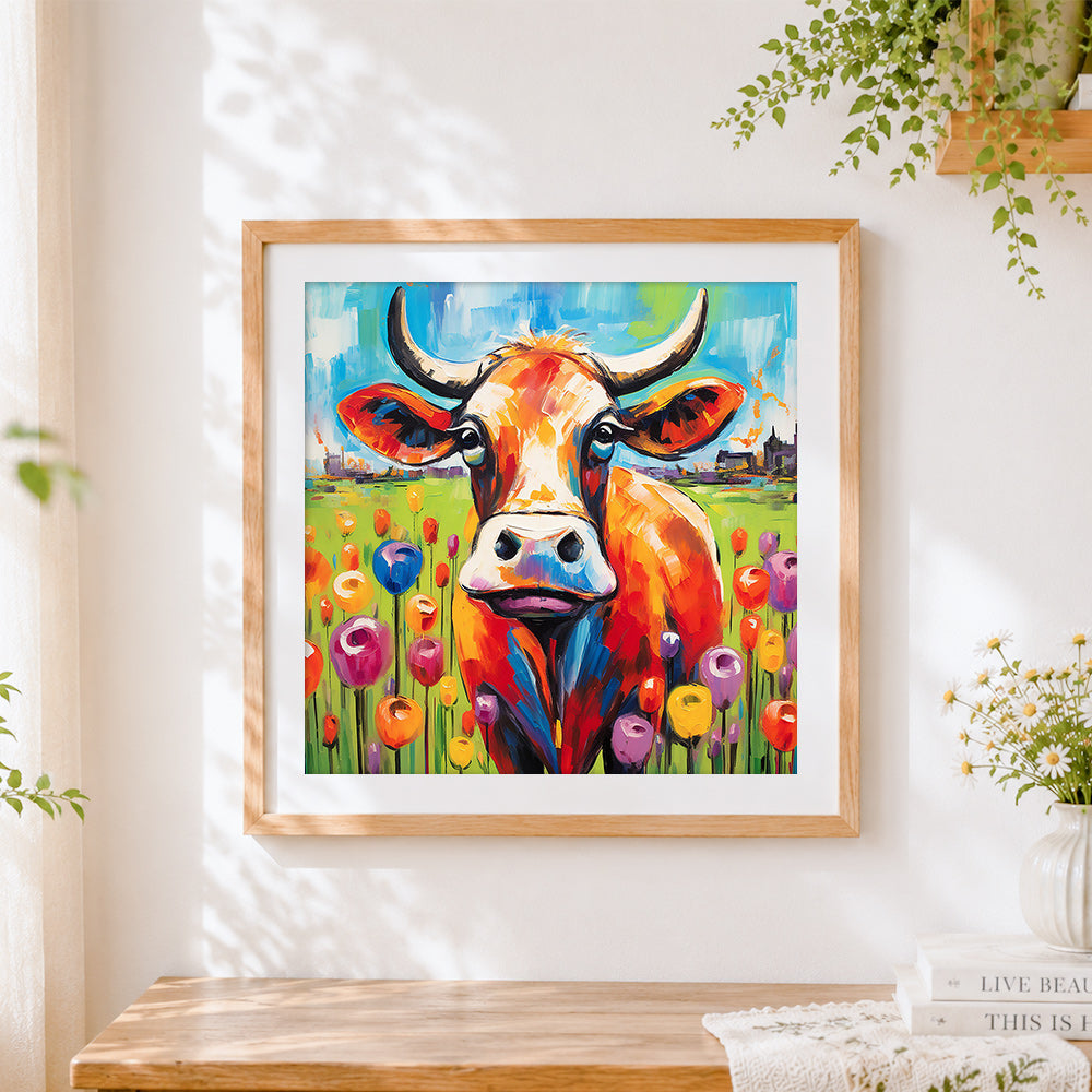 Finished colourful impressionist highland cow cross stitch artwork displayed