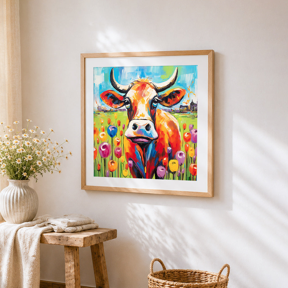Colourful impressionist highland cow cross stitch artwork displayed on wall as home decor