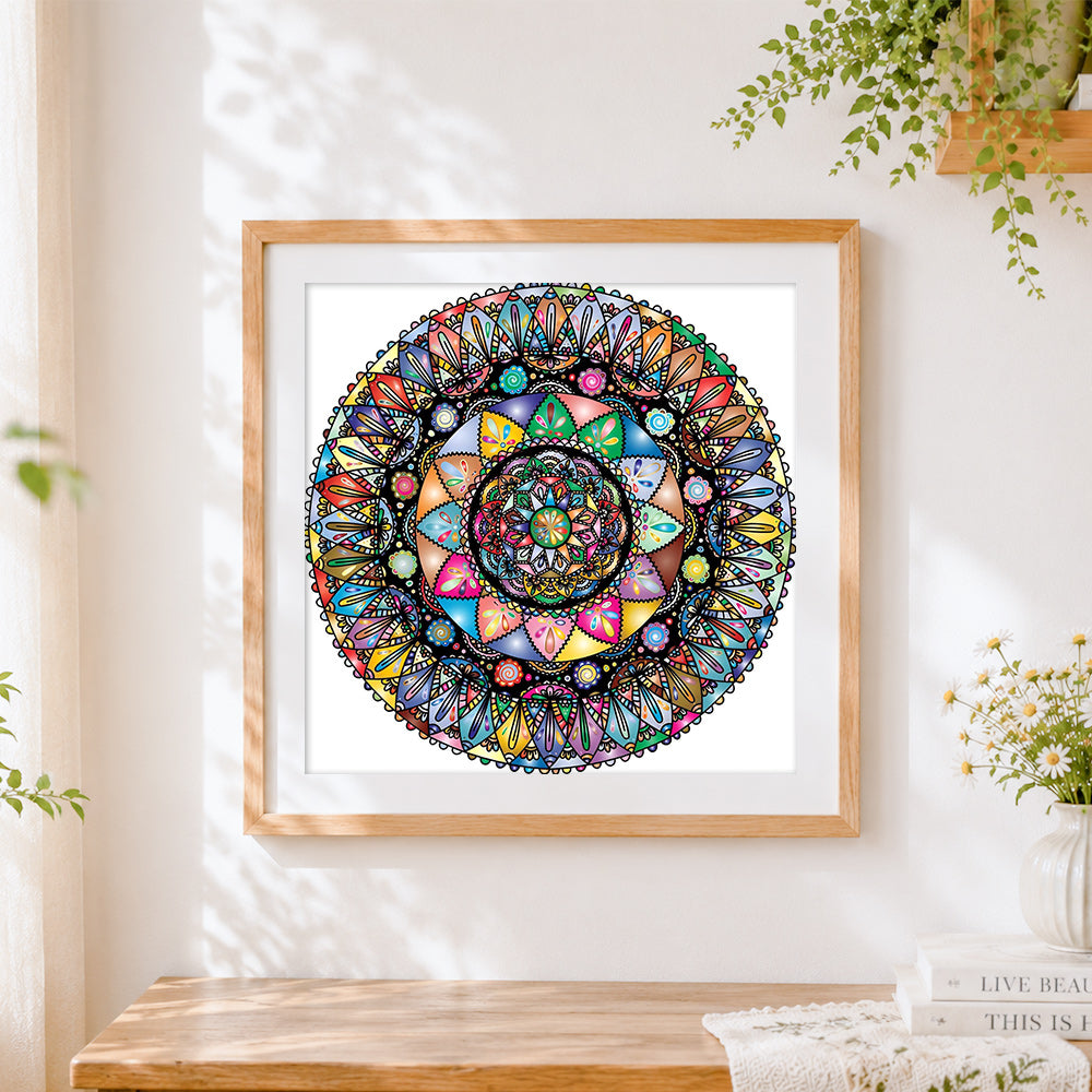Finished colourful intricate mandala cross stitch artwork displayed