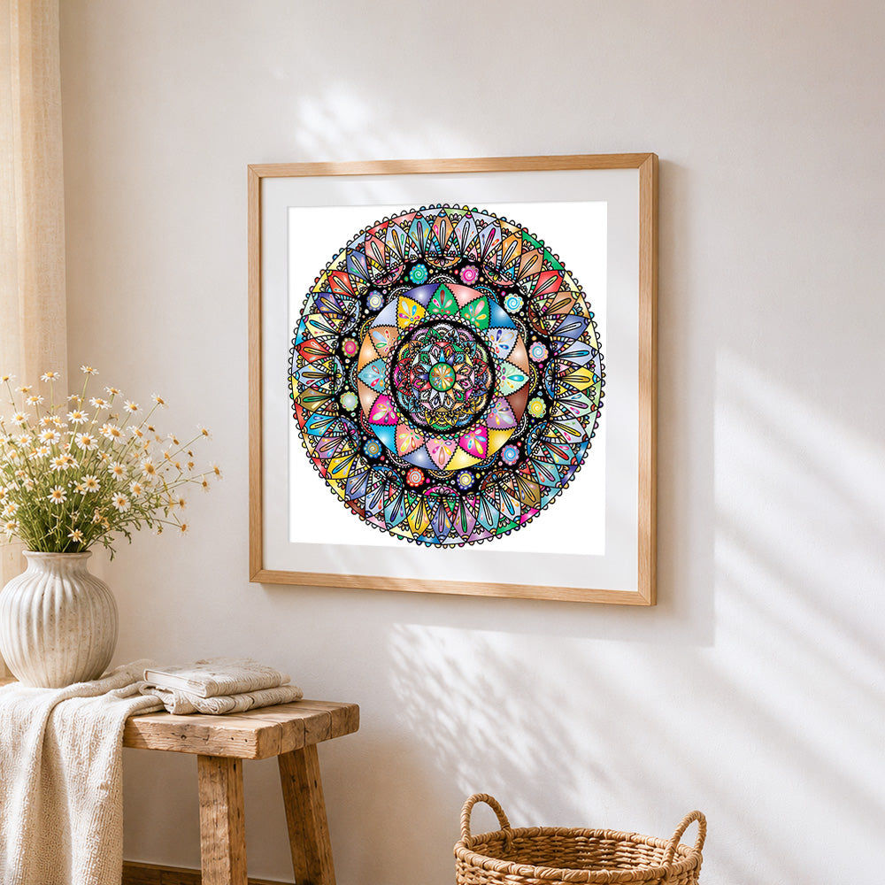 Colourful intricate mandala cross stitch artwork displayed on wall as home decor