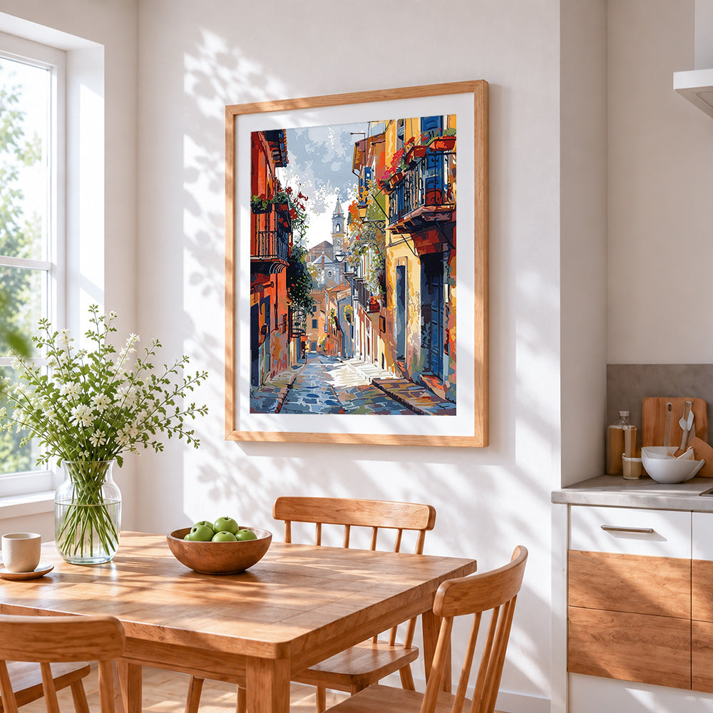 Colourful italian street cross stitch artwork displayed on wall as home decor