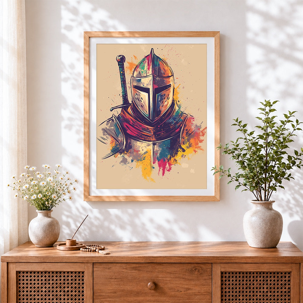 Finished colourful knight's helmet and sword cross stitch artwork displayed