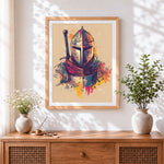 Finished colourful knight's helmet and sword cross stitch artwork displayed