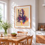 Colourful knight's helmet and sword cross stitch artwork displayed on wall as home decor