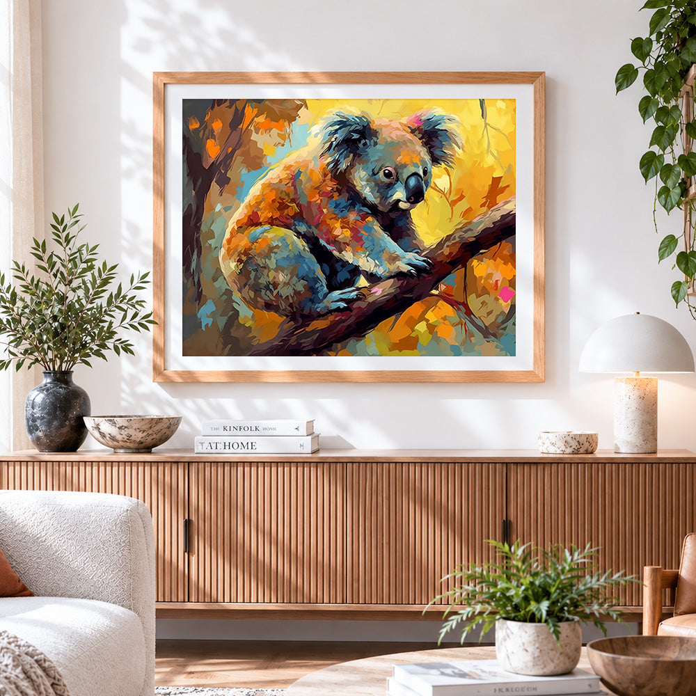 Finished colourful koala climbing a tree cross stitch artwork displayed