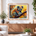 Finished colourful koala climbing a tree paint by numbers artwork displayed as home decor