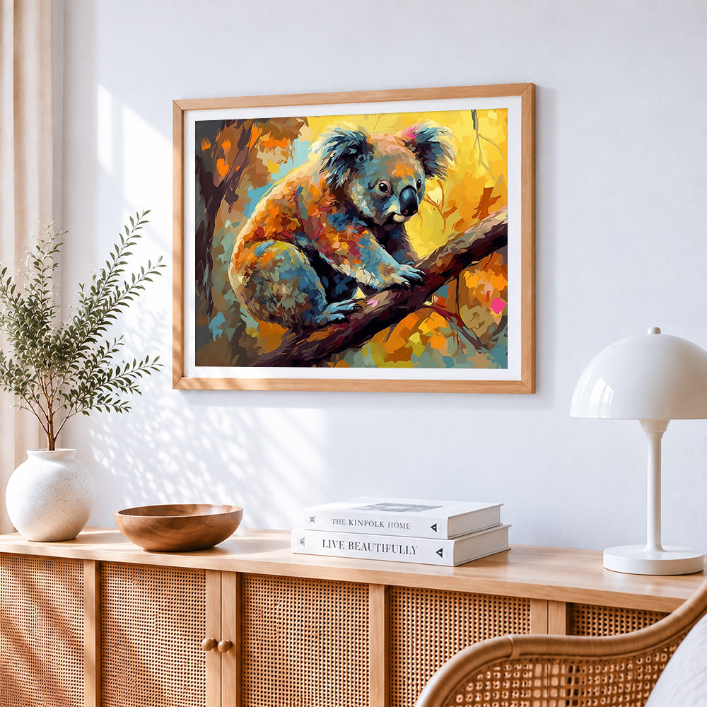 Colourful koala climbing a tree paint by numbers artwork displayed on wall as home decor